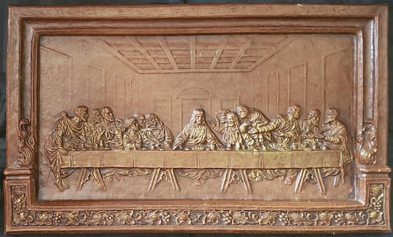 シロッコ木製壁掛けプレート「最後の晩餐」ヴィンテージ約14インチ×8.5