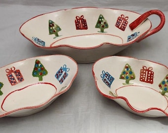 Ceramiche Le Favolose Hand Painted Serving 3 Pc Dish Set Decor Christmas Italy