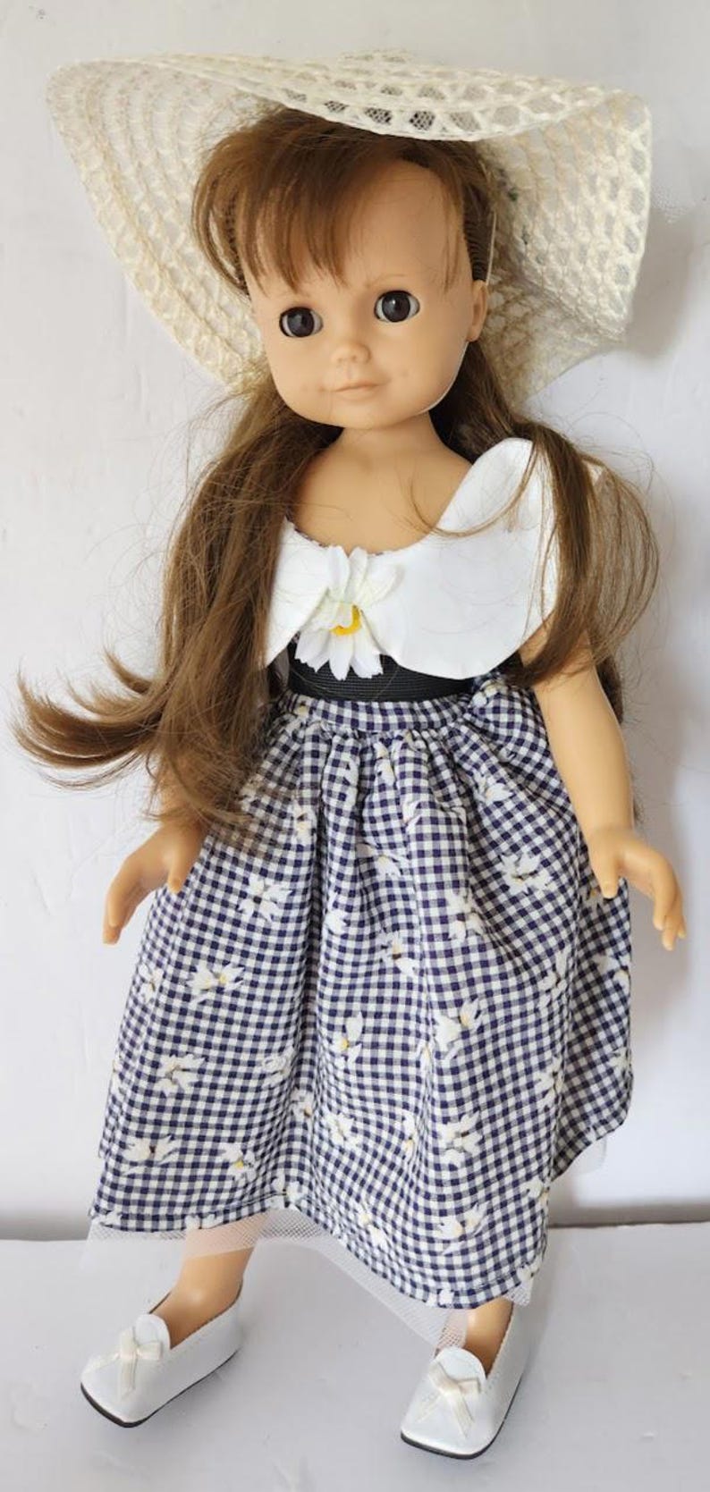 Muñeca GOTZ Puppe Puppenfabrik Alemania, cuerpo de vinilo, 18", cabello castaño y ojos soñolientos, caja imagen 5