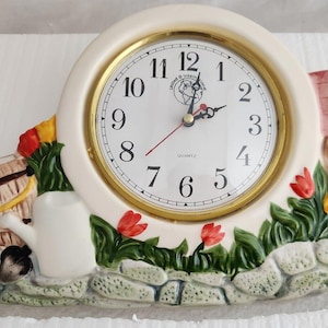 Vintage Kitschy Ceramic Clock Quartz MCM Cottagecore Country Garden New Open Box