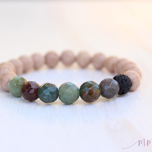 Armband med diffusor av eterisk olja - TRANQUILITY - Rosenträ och indisk agat - Yogaarmband - Armband av trä och sten - Lavasten