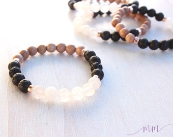 Essential oil diffuser bracelet-Rosewood, white Jade, Lava and Rose gold-Wood and stone bracelet-lava rock