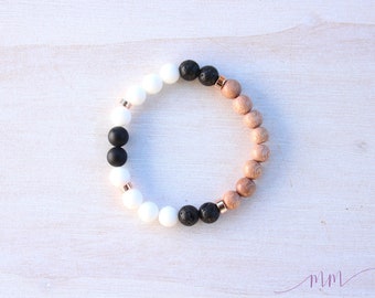 Essential oil diffuser bracelet-Rosewood, Matte White beads, Lava and Rose gold-Yoga bracelet-Wood and stone bracelet-lava rock