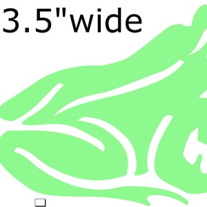 以下が含まれることがあります： 白い輪郭のある明るい緑色のカエルのシルエット。カエルは幅3.5インチ、高さ2.5インチです。