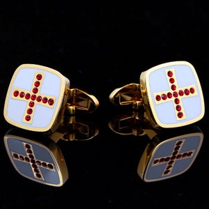 St Georges cross cufflinks, white enamel with red crystal in George cross style, different