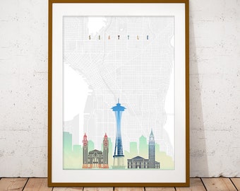 Seattle Map & Skyline Art Print, Poster, Modern Wall Art, New Home, Housewarming Gift, Digital Download