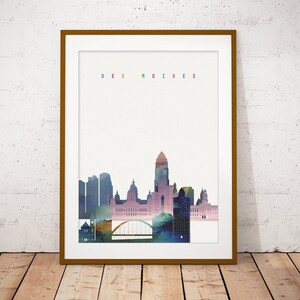 Des Moines Skyline Art Print, affiche, mur d’Art moderne, nouvelle maison, cadeau de pendaison de crémaillère, téléchargement numérique