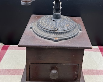 Vintage Wood and Cast Iron Hand Crank Coffee Grinder