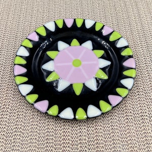 Fused Glass Handmade Pink, Black and Green Round Plate