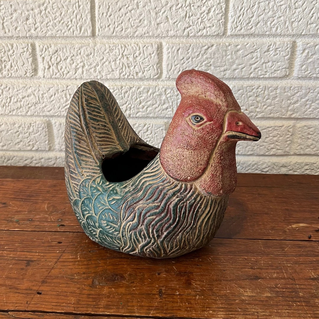 Folk Art Vintage Terracotta Rooster Chicken Planter Etsy