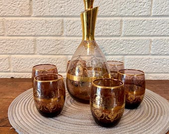8 Piece Set, Vintage Amethyst Murano Glass Liqueur Decanter with Gold Accents