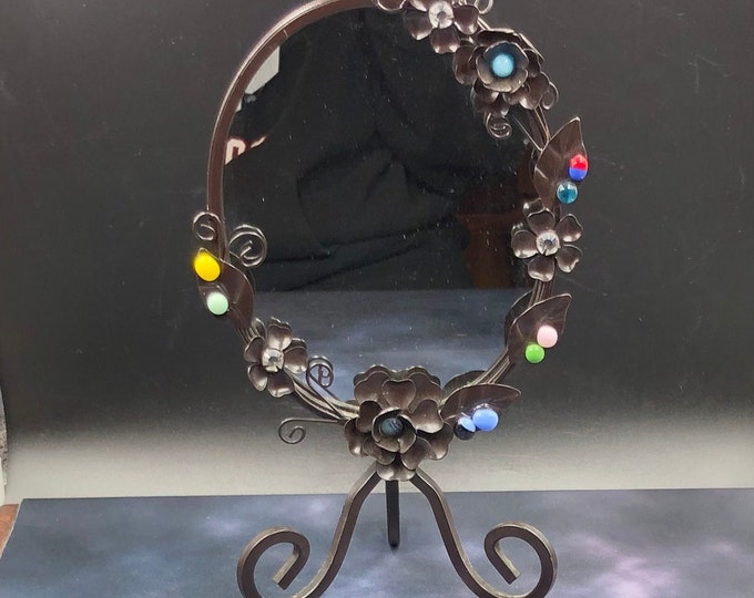 Vintage Style Black Metal Vanity Mirror With Hand Made Glass Accents Etsy