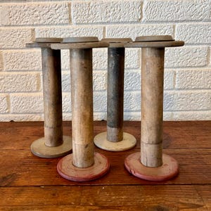 4 Piece Set Vintage Wood Manufacturing Textile Loom or Mill Bobbin Spools