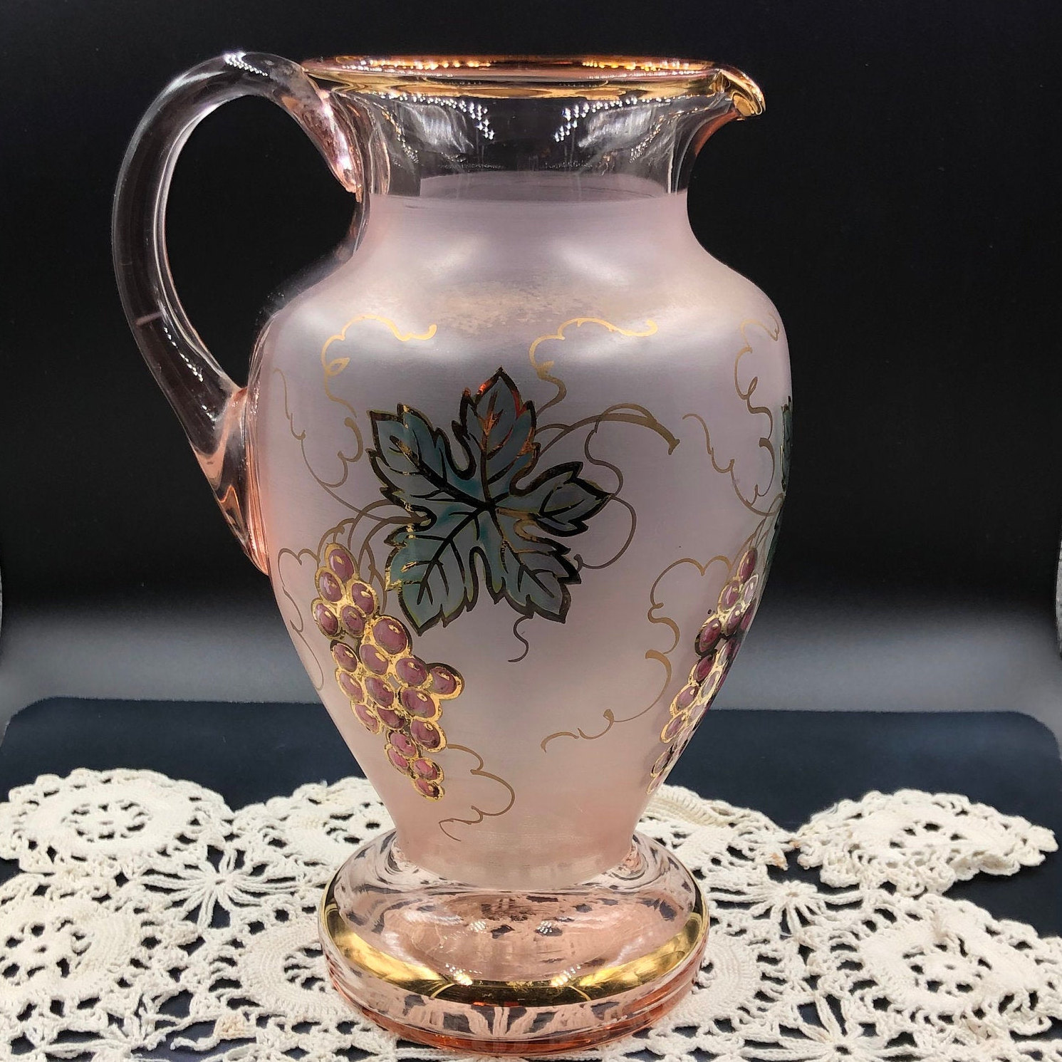 Frosted Pink Glass Pitcher With Gold Trim And Handprinted Etsy