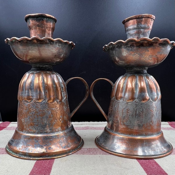 Set of 2 Classic Copper and Tin Engraved Candle Holders