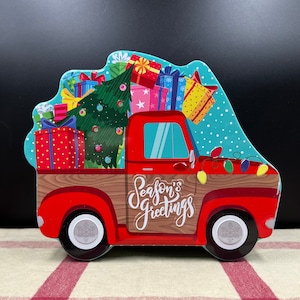 Vintage Style Pickup Truck With Festive Holiday Load Christmas Holiday Candy, Cookie or Cake Tin