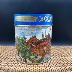Vintage Embossed E. Otto Schmidt Canister Shaped Ginger Lebkuchen Cookie Tin