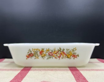 Vintage Fire King Anchor Hocking Style Milk Glass Loaf Pan with Fall Tone Veggies