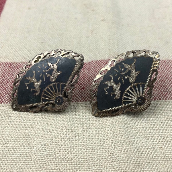 Mid Century Screw-on Silver and Enamel FAN Style Earrings Stamped Sterling Siam