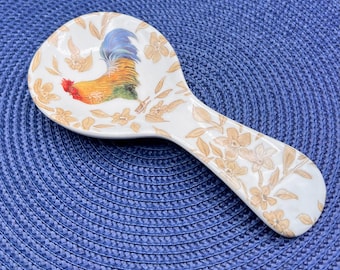 Vintage Stoneware Colorful Floral Rooster Spoon Rest
