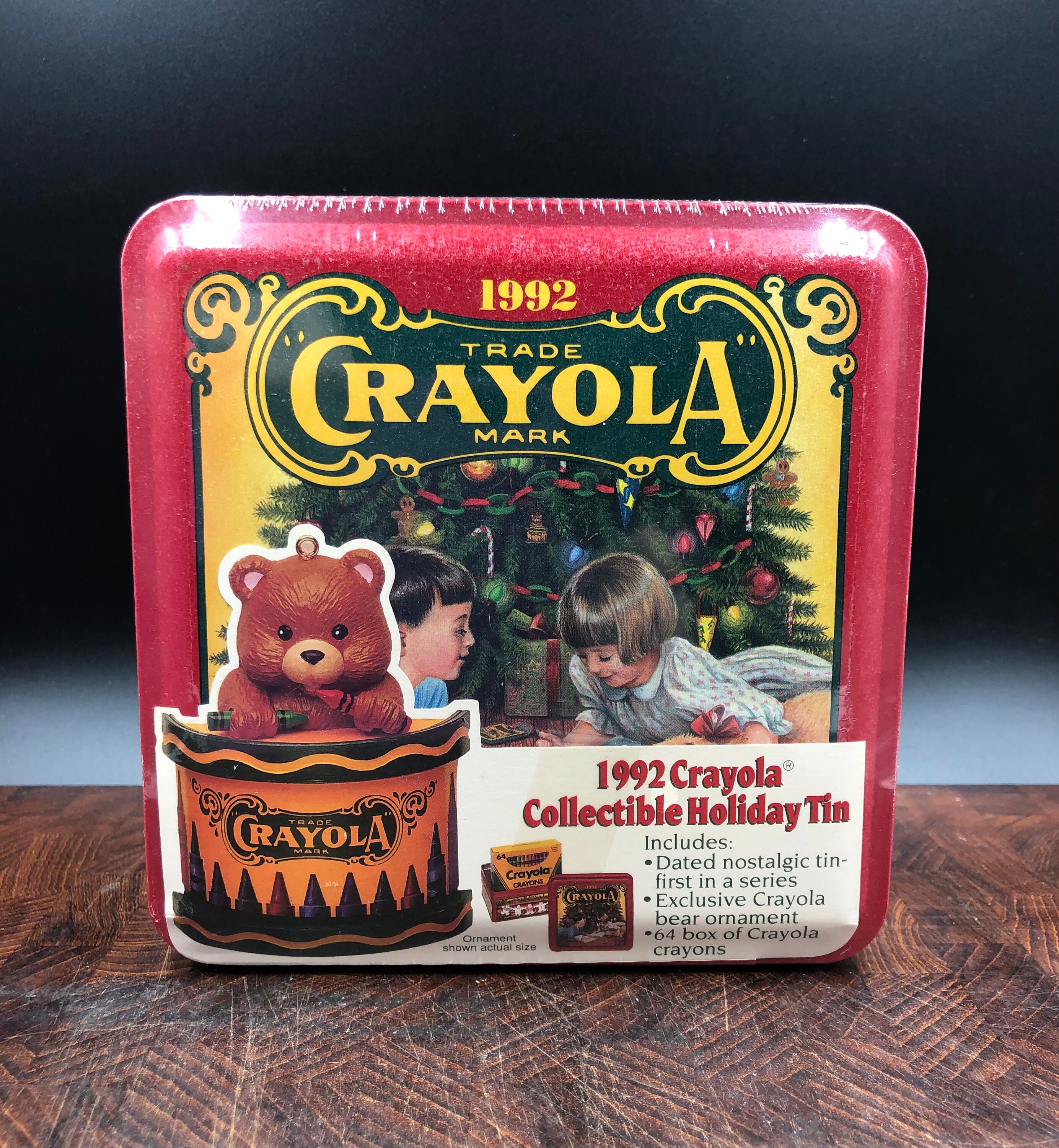 Collectible Crayola Holiday Tin Crayola Crayons 1992 Holiday Collector's Tin with 64 Box of Crayons & Bear Ornament