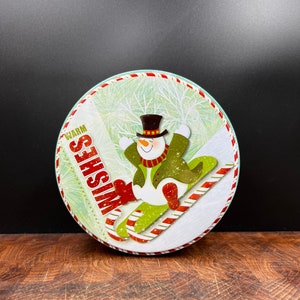 Vintage Style Round Festive Snowman Christmas Holiday Candy, Cookie or Cake Tin