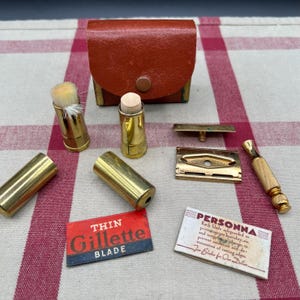 Vintage 1954 Gillette Mid Century Gold Tone Travel Razor Kit