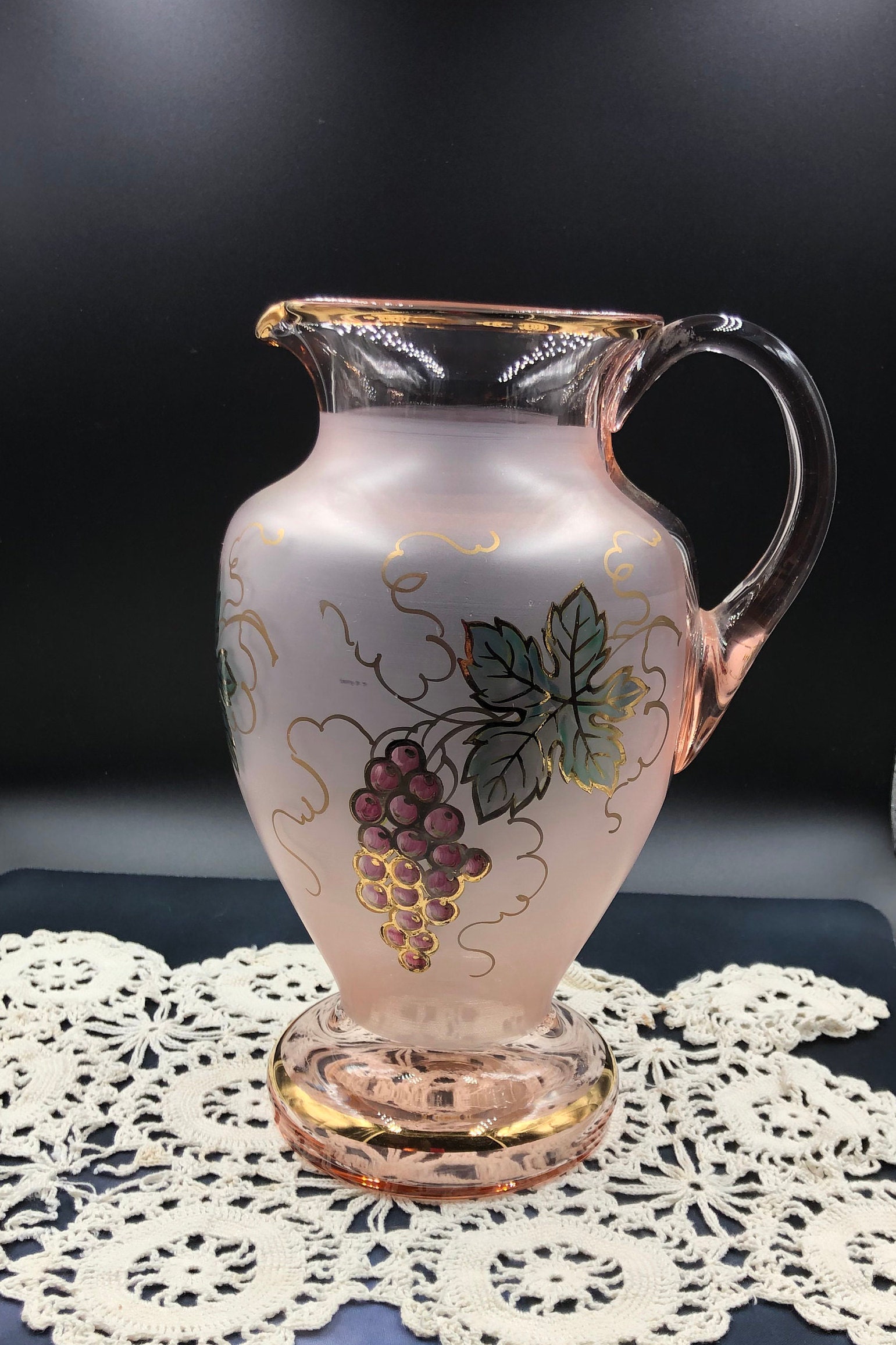 Large Glass Pitcher Jug Hand Painted Enamel Fruit Flowers Gold Rim Crystal  Clear 