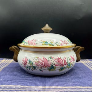 Vintage Fissler Asta Enamel Cookware: Pink Floral Design, Brass Handles