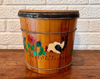 Hand Painted Folk Art Wood Firkin Bucket with Metal Banded Lid