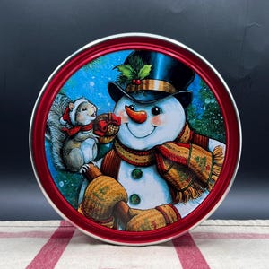 Vintage Style Round Festive Snowman and Squirrel Christmas Holiday Candy, Cookie or Cake Tin