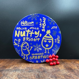 Vintage Style Round Holiday Blue and Gold Nut, Cookie, Candy or Cake Tin