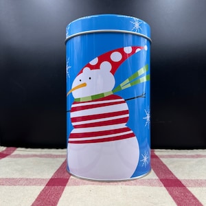 Vintage Tall Round Winter Blue Holiday Snowman Cookie, Candy or Cake Tin