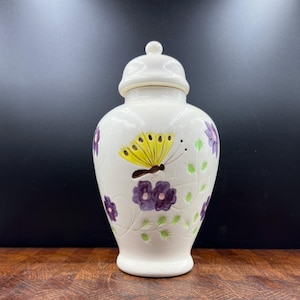 Vintage Hand Painted Butterfly and Violet Ginger Jar Vase