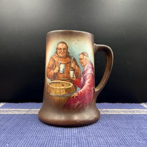 Antique Usona Goodwin Pottery With Monks Enjoying Wine and Whiskey Barrels