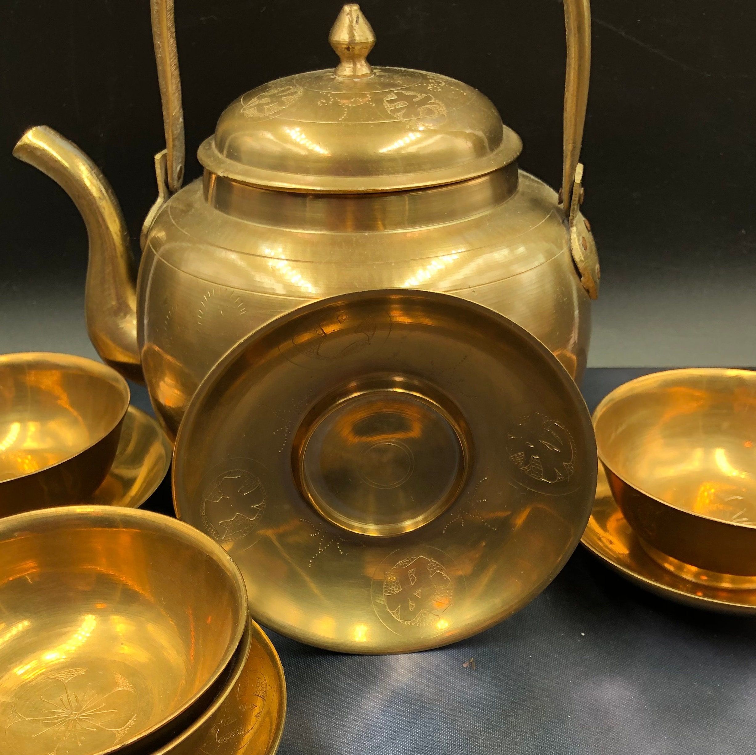 Vintage Etched Brass Teapot With Etched Brass Cups and Saucers Etsy