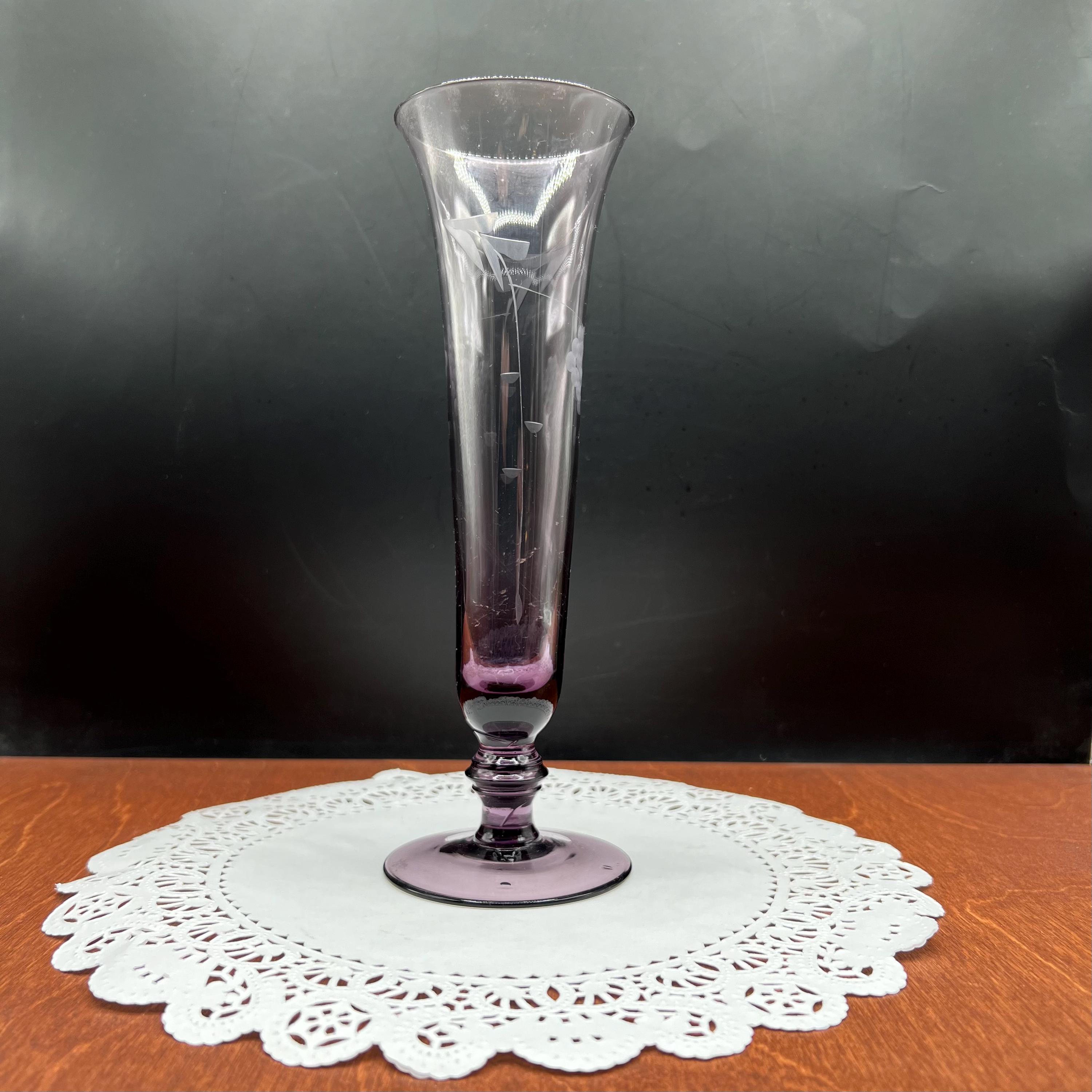 1960's Etched Purple Amethyst Glass Bud Vase