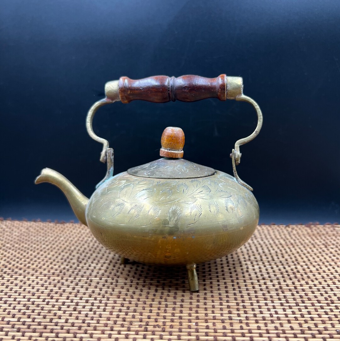 Small Vintage Etched Footed Brass Teapot With Wood Handle Etsy