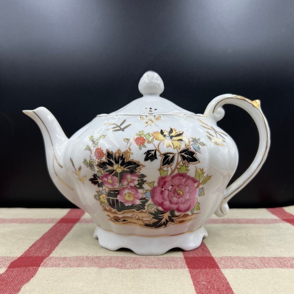 Vintage White Porcelain Floral Tea Pot