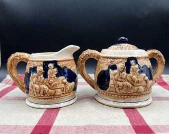 Vintage 2 Tone Brown and Tan Stoneware Cream and Sugar Set