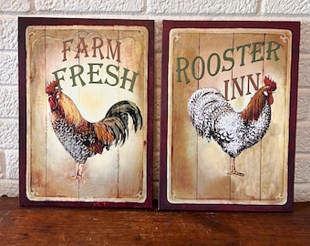 Set of 2 Stretched Canvas Farmhouse Kitchen Decor Rooster Wall Art