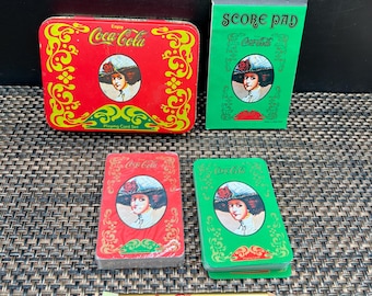 Vintage Red and Gold Coca-Cola Gibson Girl Playing Cards, Score Pad and Pencil Tin