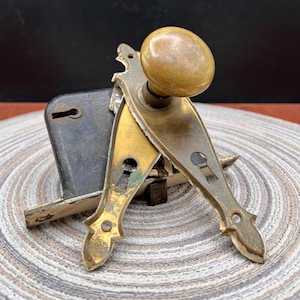 Vintage Brass Door Knob Set with Lock and 2 Face Plates (No Key)