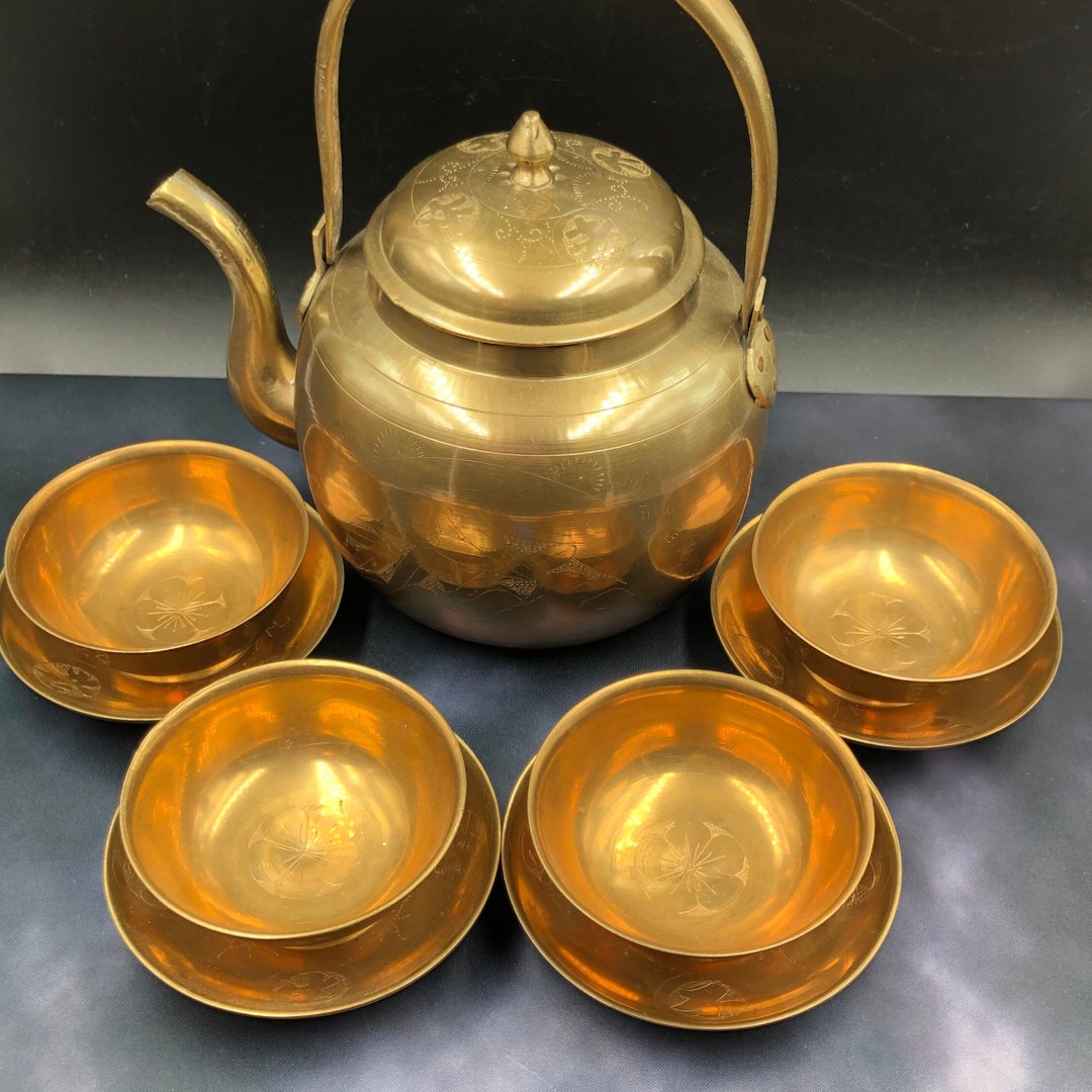 Vintage Etched Brass Teapot With Etched Brass Cups and Saucers Etsy