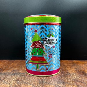 Bright Metallic Cylinder Shaped Christmas Holiday Cookie, Cake, Candy Tin