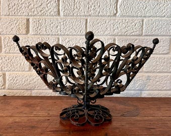 Vintage Black Curled Metal Scrollwork Design Pedestal Fruit Basket