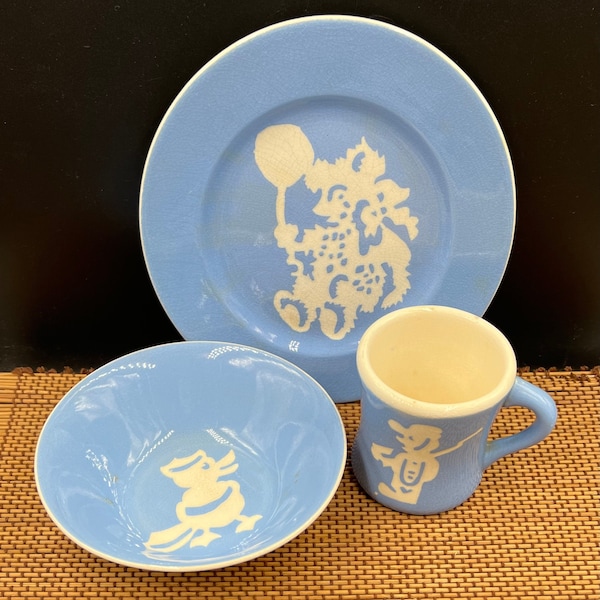 Child's Dining Set 3 Piece set Vintage Blue and White Cameo-ware by Harper Pottery Co