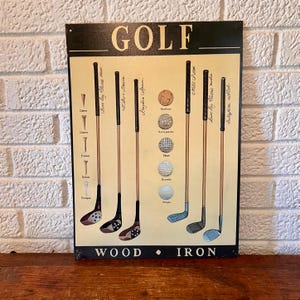 May include: A rectangular metal sign with a cream background featuring the word GOLF at the top and WOOD IRON at the bottom. It displays illustrations of five vintage golf clubs, five golf balls, and five golf tees with their respective names.