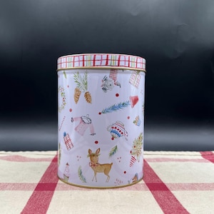 Vintage Style Round Canister Holiday Folk Art Cookie, Candy or Cake Tin