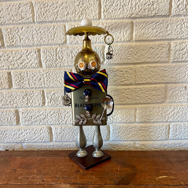 Fancy Mr Pepper Reclaimed Found Object Art Tin Figure Robot